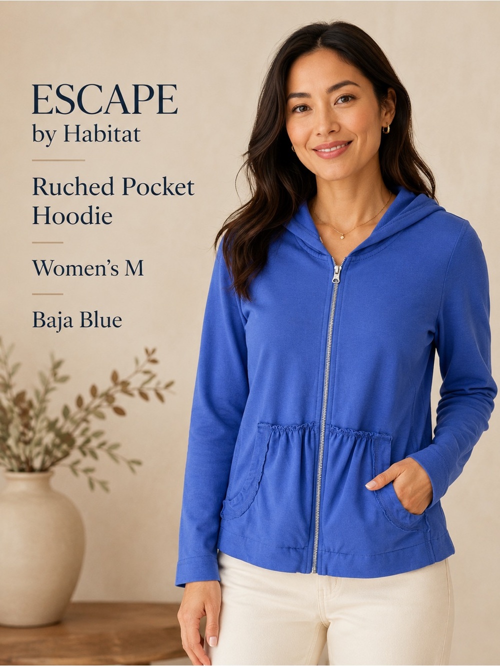 Escape by Habitat Ruched Pocket Hoodie Baja Blue Full Zip Size M